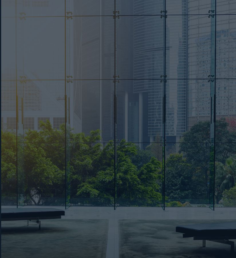Inside a glass building