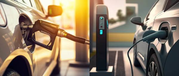 Electric car filling up next to Petrol car